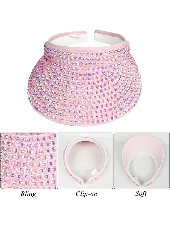 ?Women\'s Pink Sun Shiny Rhinestones Clip On Visor Adjustable Bling Hats main image 5